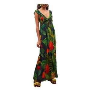Farm Rio Cocoa Forest Frilled Maxi Dress, Extra Large, Like New